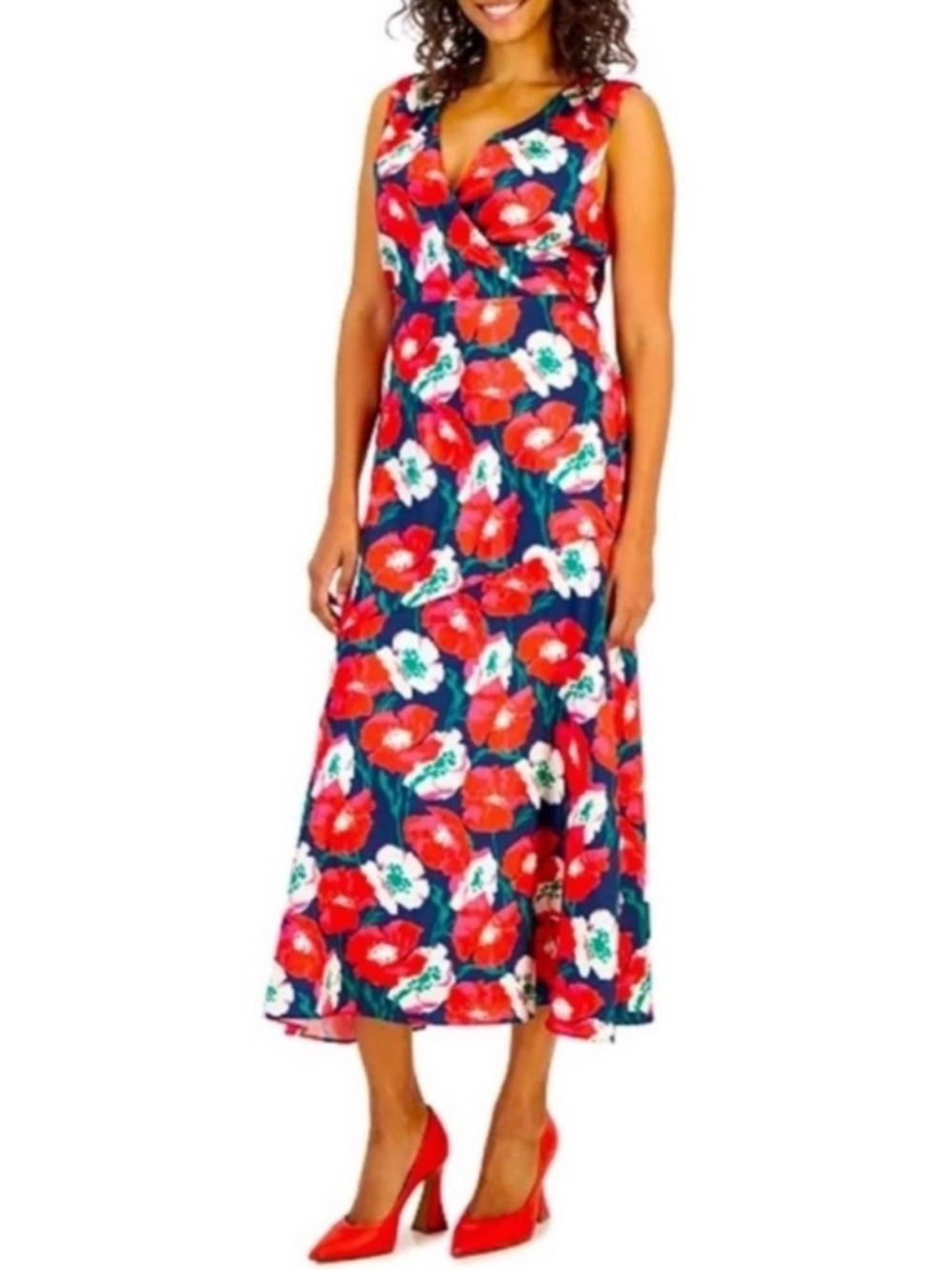 Sam Edelman Floral Poppy Print V neck Maxi Dress